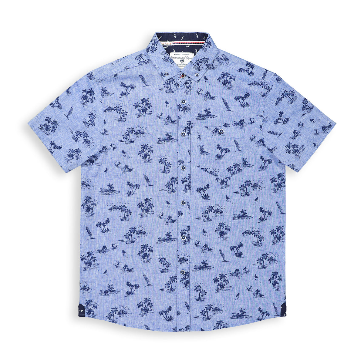 Front View of Short Sleeve Linen Blend Shirt with Palm Tree Print in Chambray