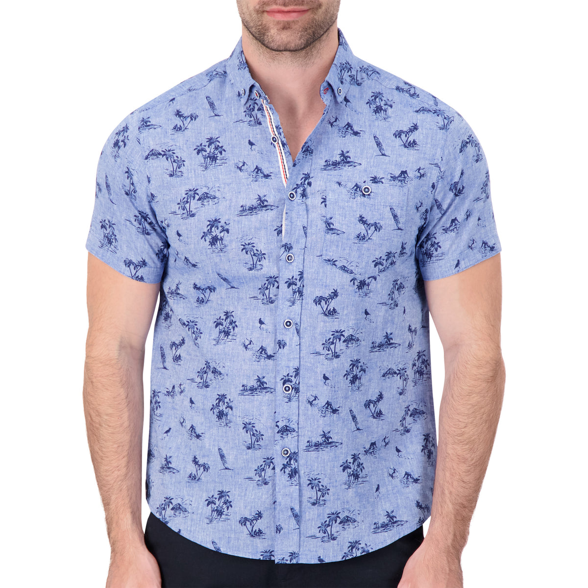 Model Front View of Short Sleeve Linen Blend Shirt with Palm Tree Print in Chambray