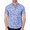 Model Front View of Short Sleeve Linen Blend Shirt with Palm Tree Print in Chambray