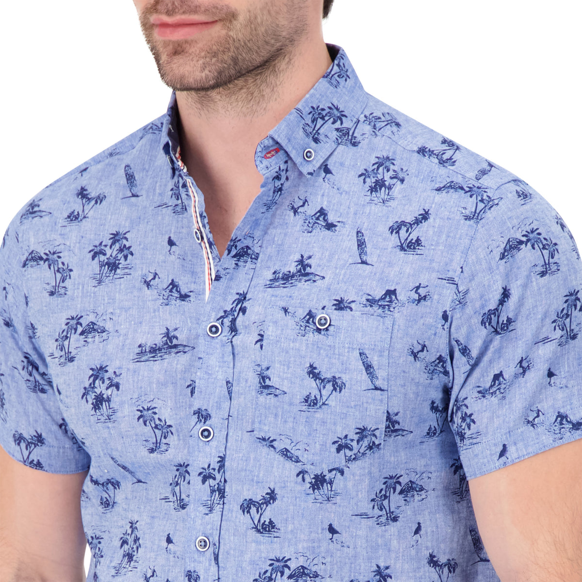 Model Front Up Close View of Short Sleeve Linen Blend Shirt with Palm Tree Print in Chambray