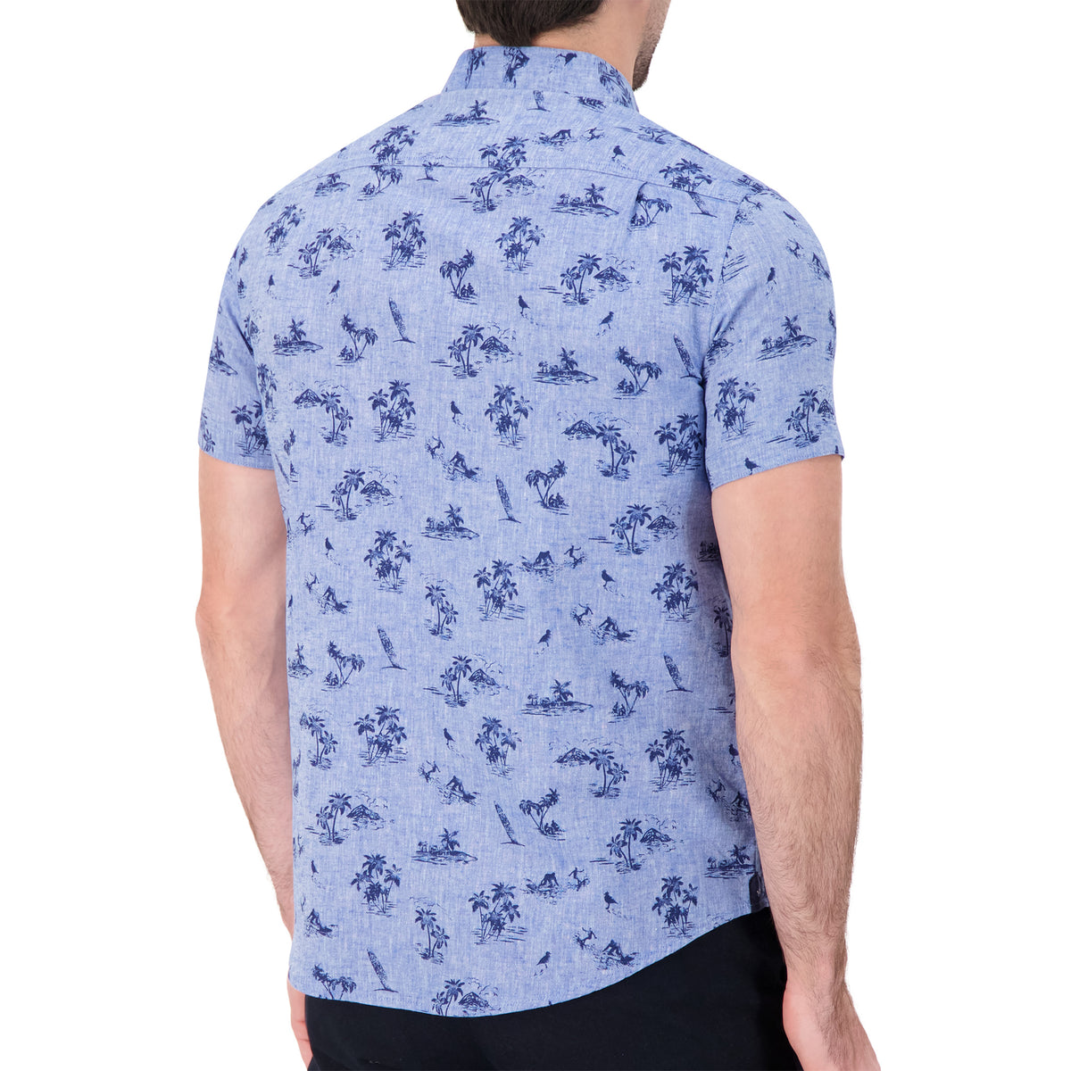 Model Back View of Short Sleeve Linen Blend Shirt with Palm Tree Print in Chambray