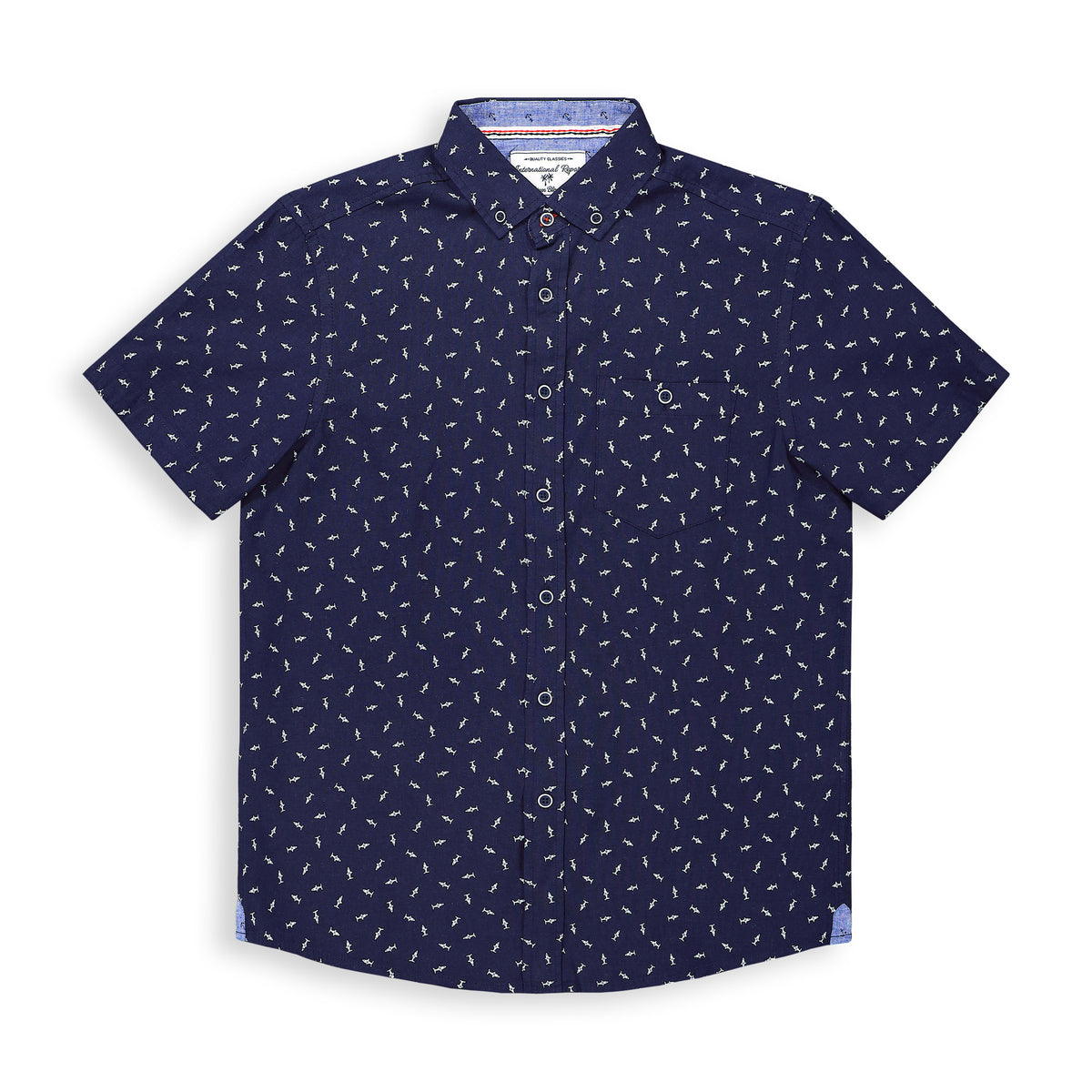 Front View of Short Sleeve Linen Blend Shirt with Shark Print in Navy