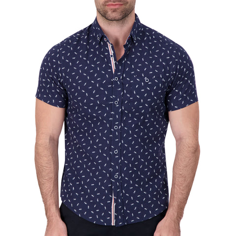 Model Front View of Short Sleeve Linen Blend Shirt with Shark Print in Navy
