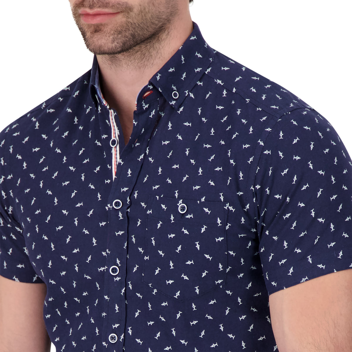 Model Side Close Up View of Short Sleeve Linen Blend Shirt with Shark Print in Navy