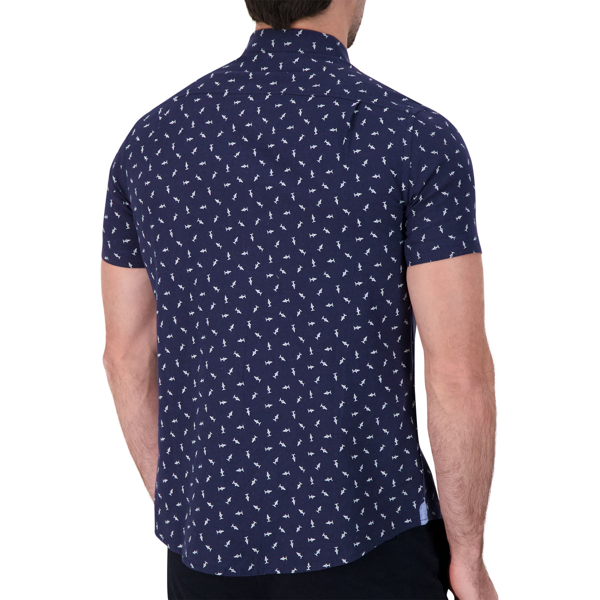 Model Back View of Short Sleeve Linen Blend Shirt with Shark Print in Navy