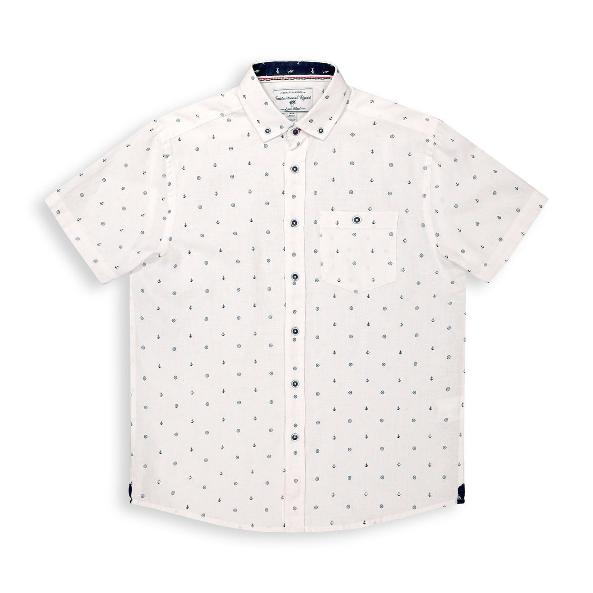 Front View of Short Sleeve Linen Blend Shirt with Nautical Print in White