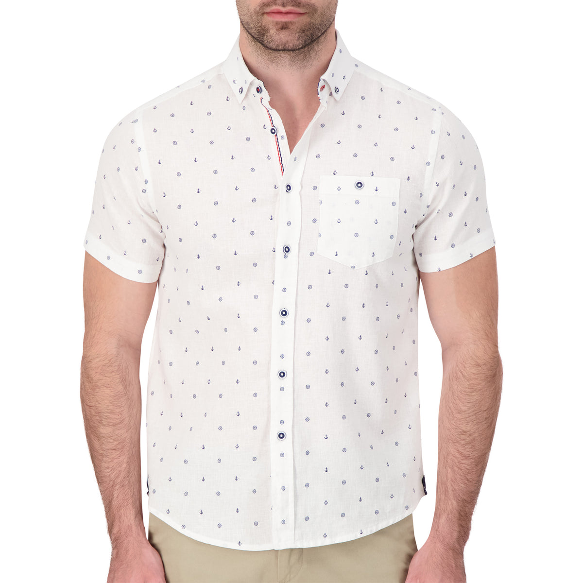 Model Front View of Short Sleeve Linen Blend Shirt with Nautical Print in White