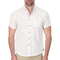 Model Front View of Short Sleeve Linen Blend Shirt with Nautical Print in White