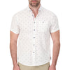 Model Front View of Short Sleeve Linen Blend Shirt with Nautical Print in White
