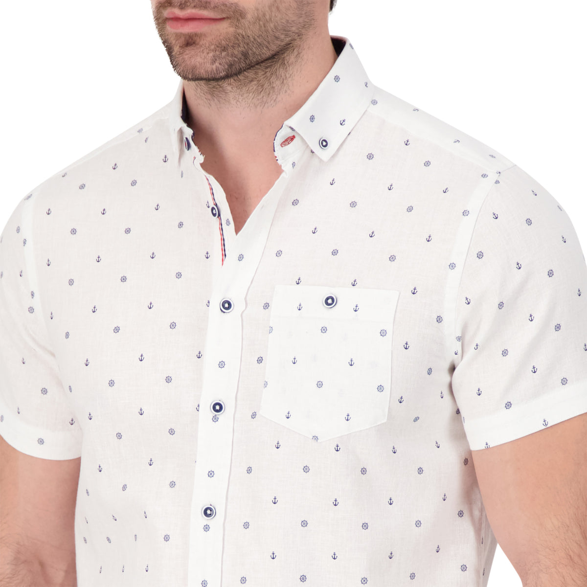 Model Front Up Close View of Short Sleeve Linen Blend Shirt with Nautical Print in White