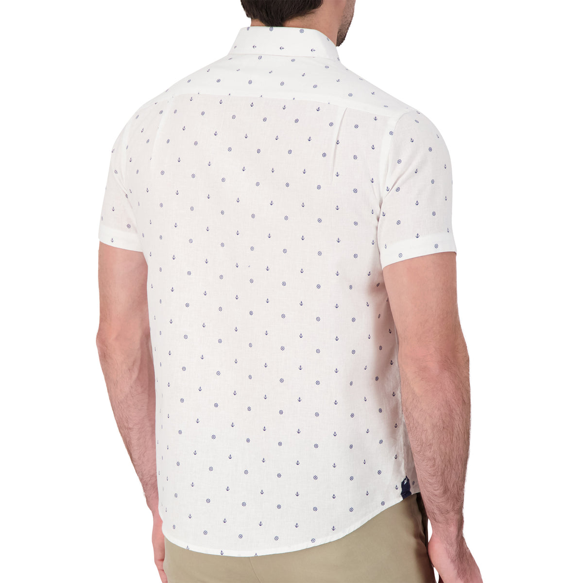 Model Back View of Short Sleeve Linen Blend Shirt with Nautical Print in White