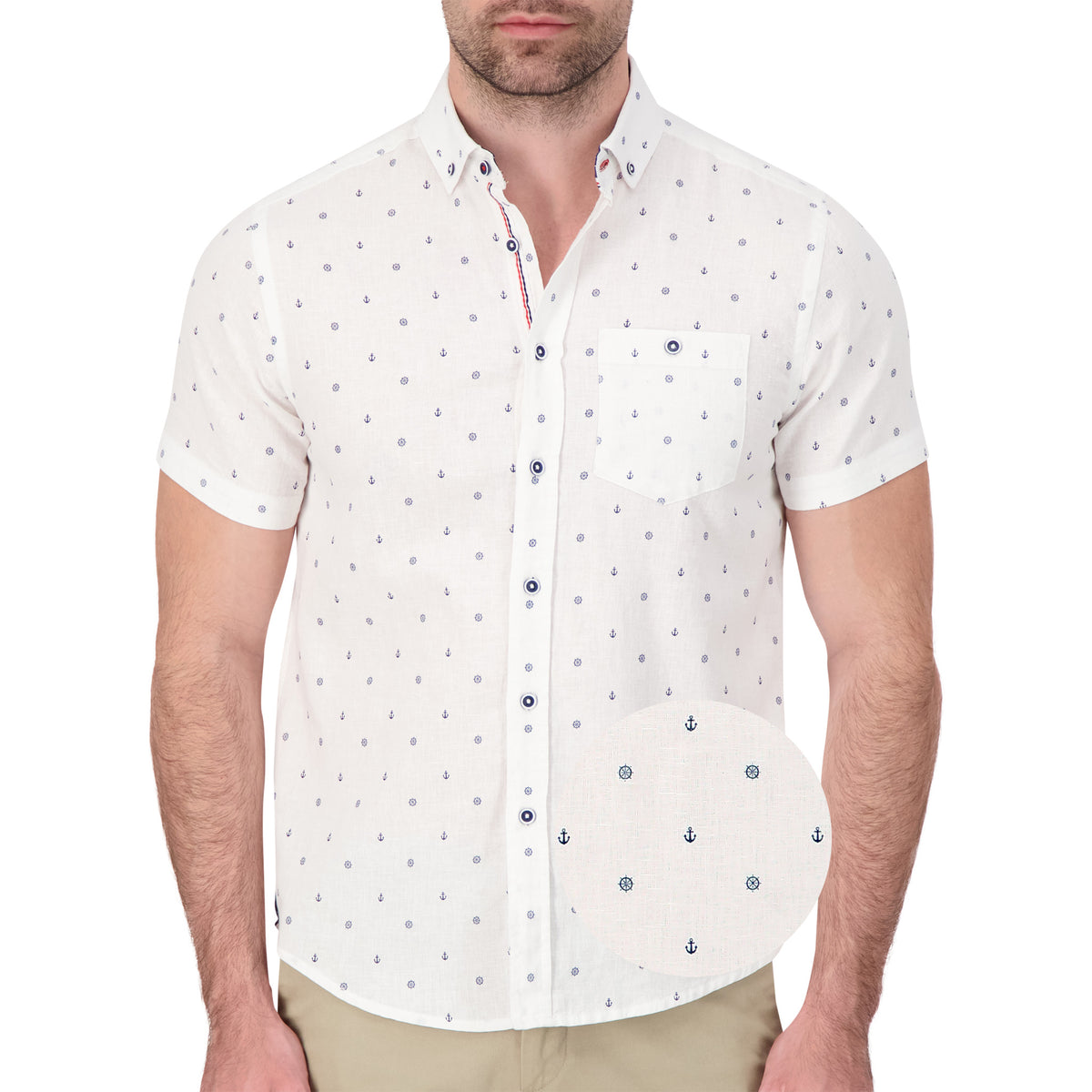 Model Front View of Short Sleeve Linen Blend Shirt with Nautical Print in White with magnified view of material and print