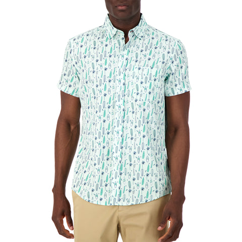 Model Front View of Short Sleeve 4-Way Stretch Shirt with Surf Print in Seafoam