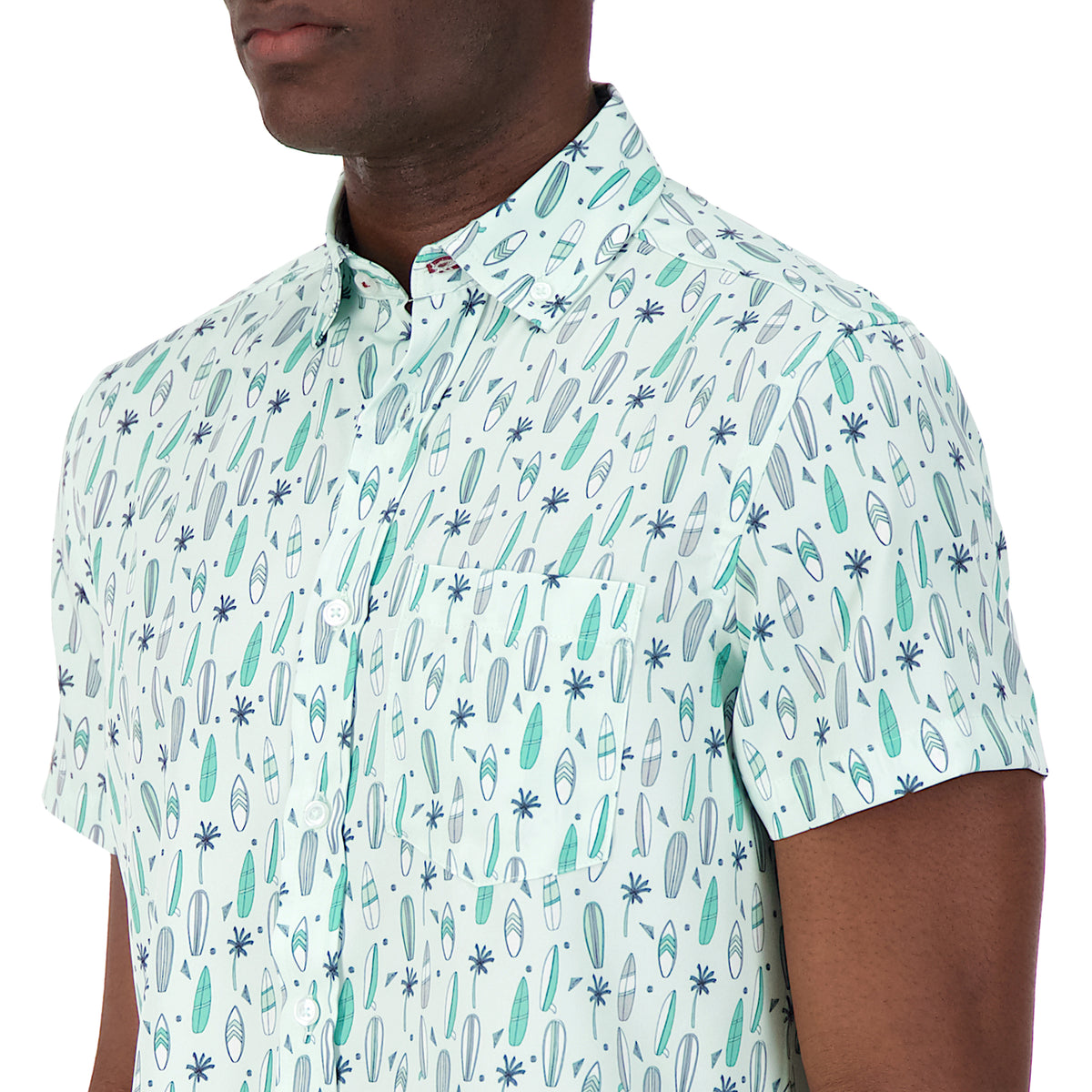 Model Front Close Up View of Short Sleeve 4-Way Stretch Shirt with Surf Print in Seafoam