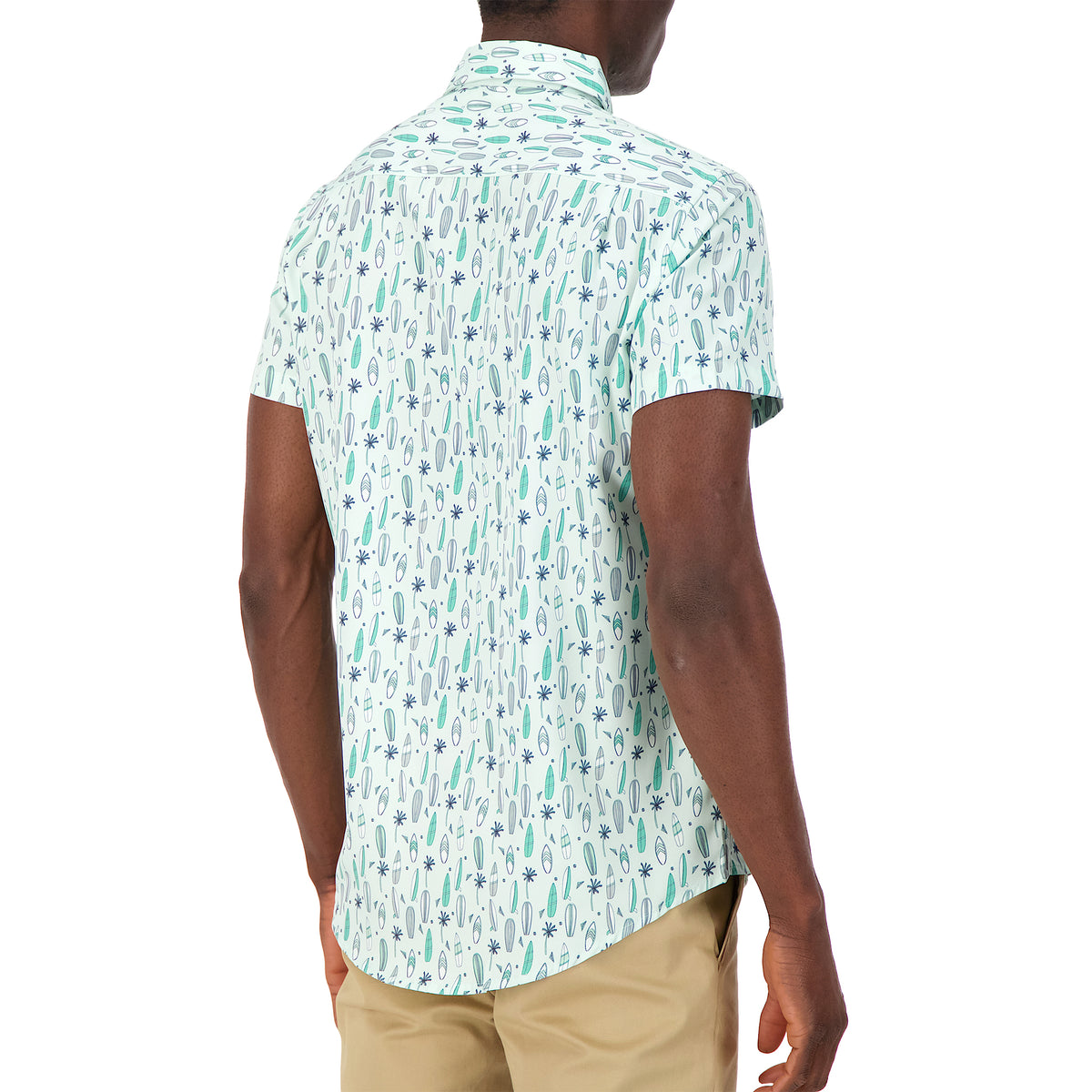 Model Back View of Short Sleeve 4-Way Stretch Shirt with Surf Print in Seafoam
