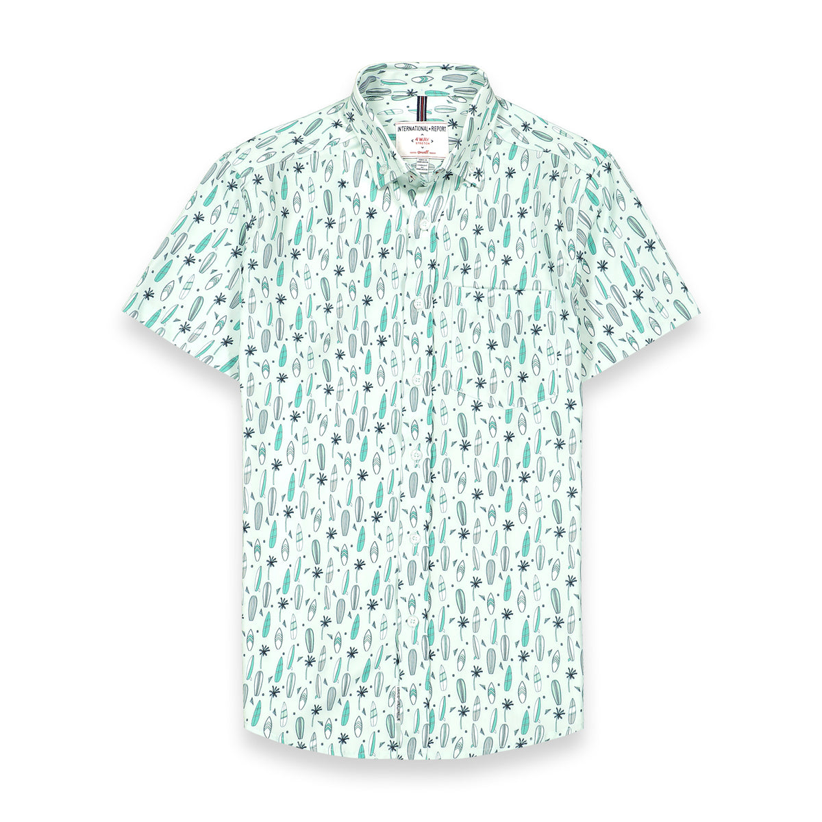 Front View of Short Sleeve 4-Way Stretch Shirt with Surf Print in Seafoam