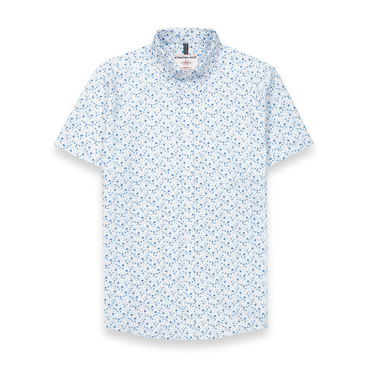 Front View of Short Sleeve 4-Way Stretch Shirt with Floral Print in Blue
