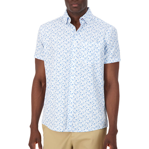 Model Front View of Short Sleeve 4-Way Stretch Shirt with Floral Print in Blue