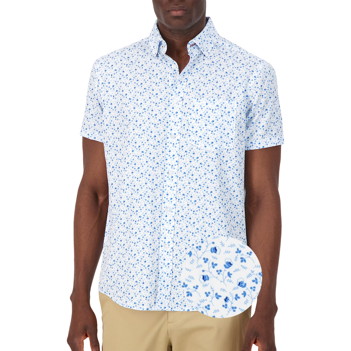 Model Front View of Short Sleeve 4-Way Stretch Shirt with Floral Print in Blue with magnified print