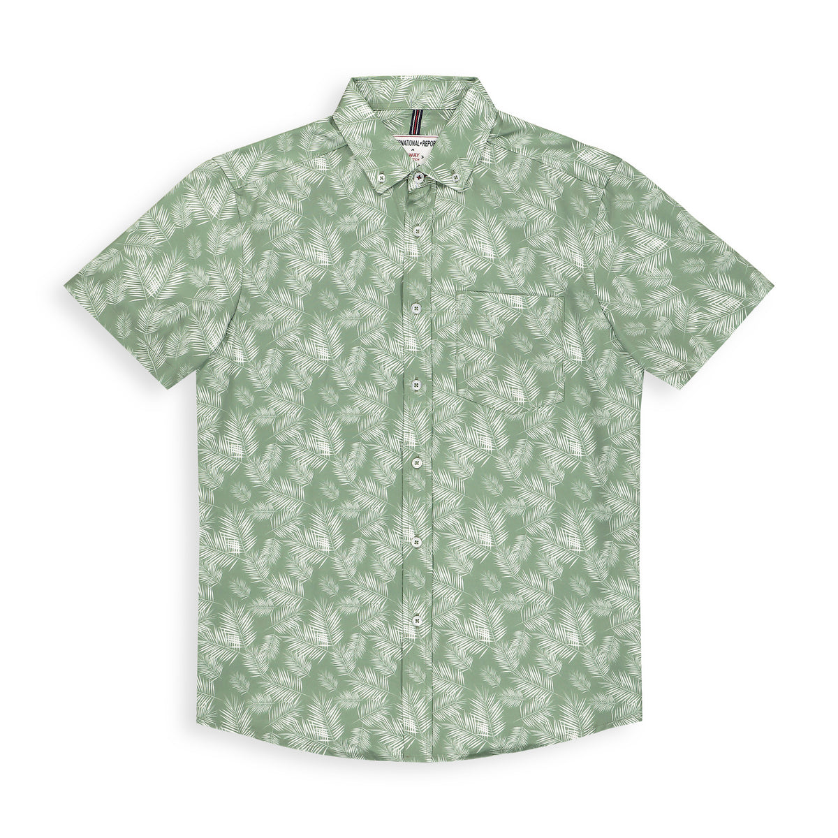 Front View of Short Sleeve 4-Way Stretch Shirt with Leaf Print in Green
