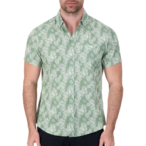 Model Front View of Short Sleeve 4-Way Stretch Shirt with Leaf Print in Green