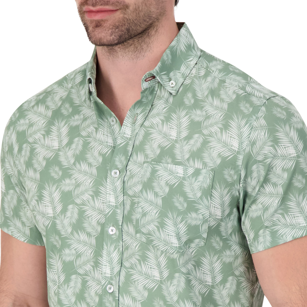Model Side View of Short Sleeve 4-Way Stretch Shirt with Leaf Print in Green