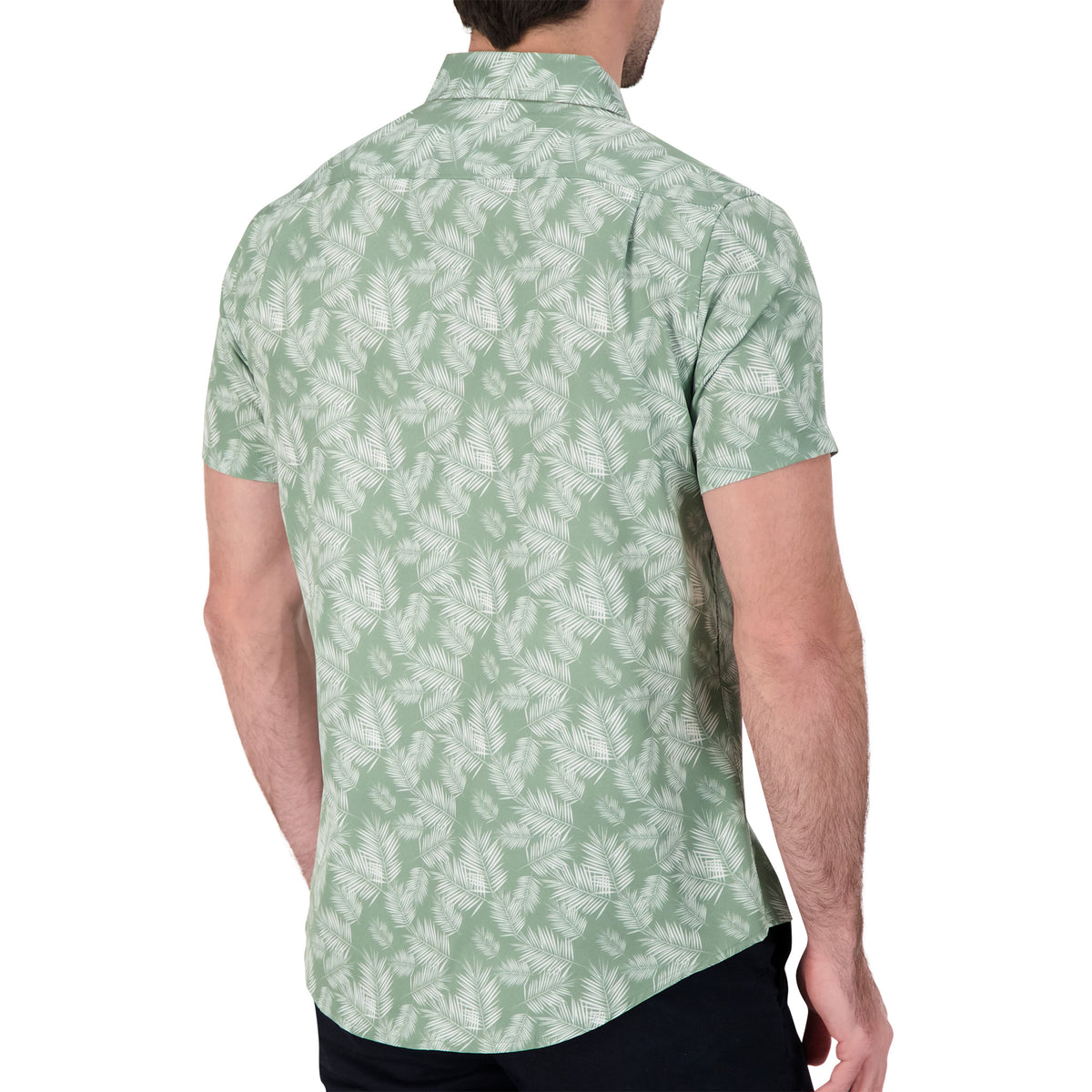Model Back View of Short Sleeve 4-Way Stretch Shirt with Leaf Print in Green