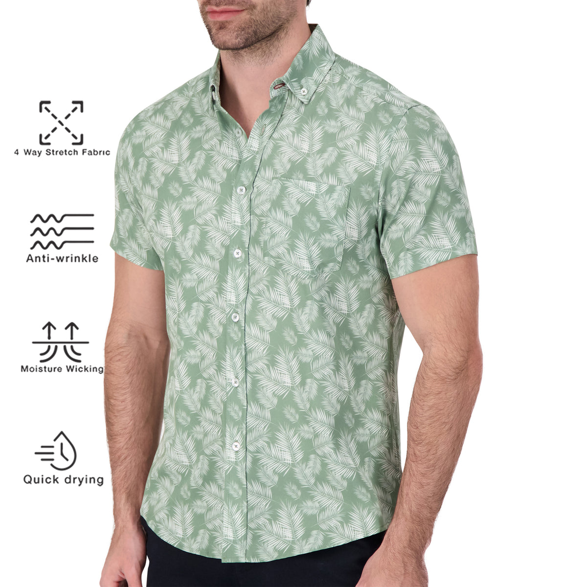 Model Side View of Short Sleeve 4-Way Stretch Shirt with Leaf Print in Green  with description of material being 4 way stretch fabric, anti-wrinkle, moisture wicking and quick drying