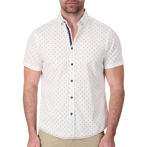 Model Front View of Short Sleeve Shirt with Anchor Print in White
