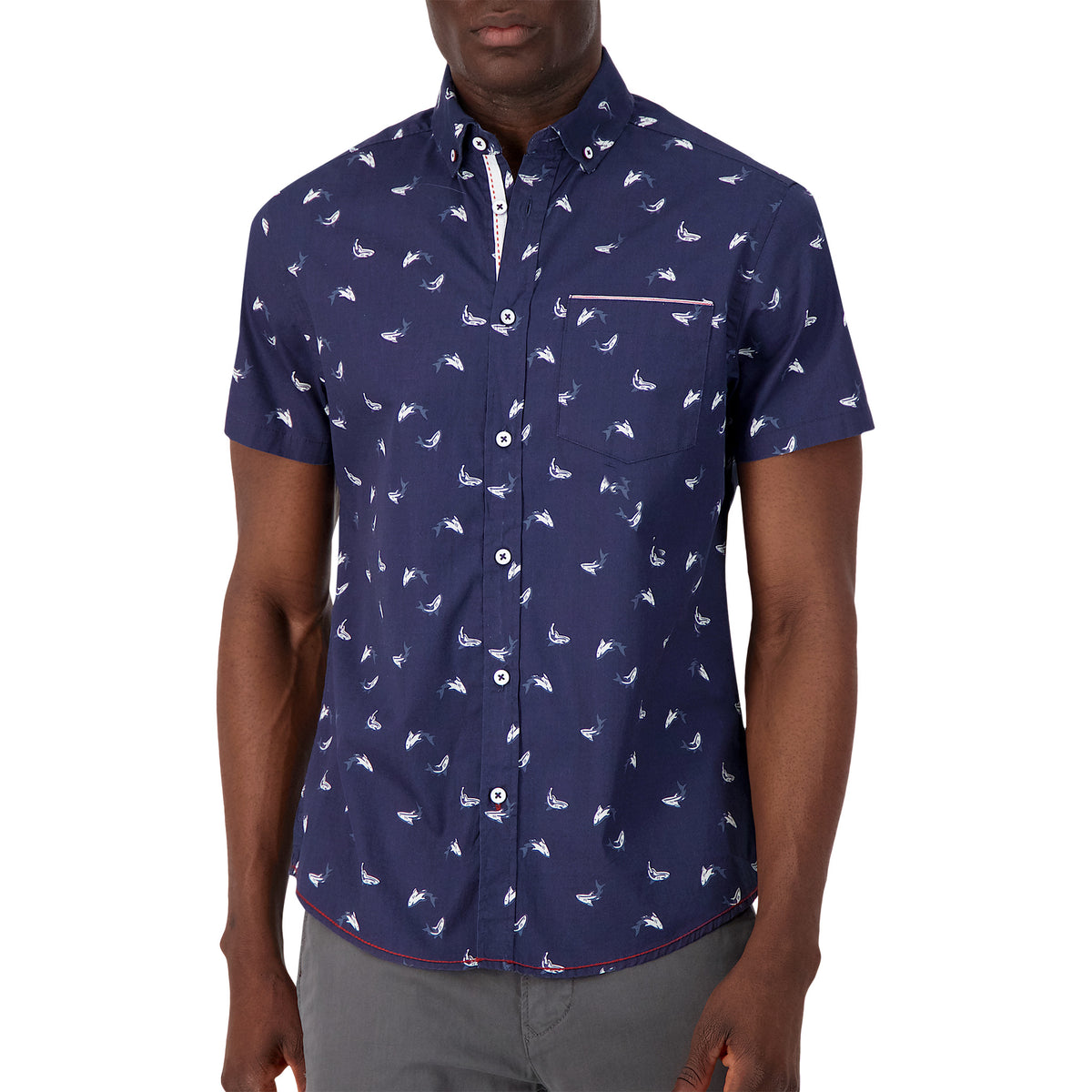 Model Front View of Short Sleeve Shirt with Shark Print in Navy