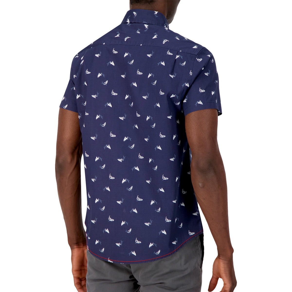 Model Back View of Short Sleeve Shirt with Shark Print in Navy