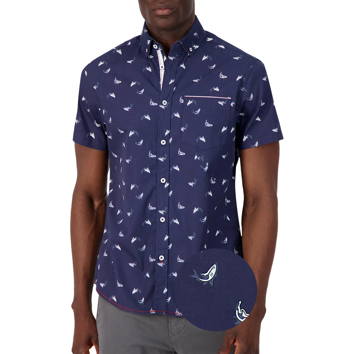 Model Front View of Short Sleeve Shirt with Shark Print in Navy with magnified view of material and print