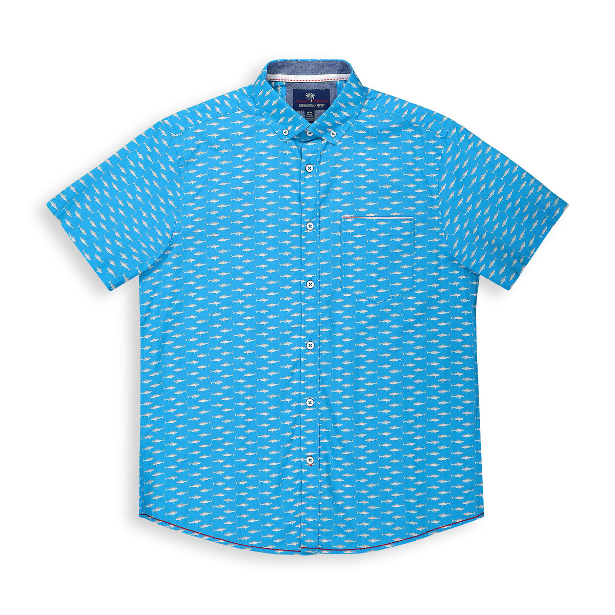 Front View of Short Sleeve Shirt with Shark Print in Blue