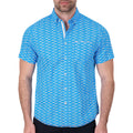 Model Front View of Short Sleeve Shirt with Shark Print in Blue