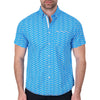 Model Front View of Short Sleeve Shirt with Shark Print in Blue