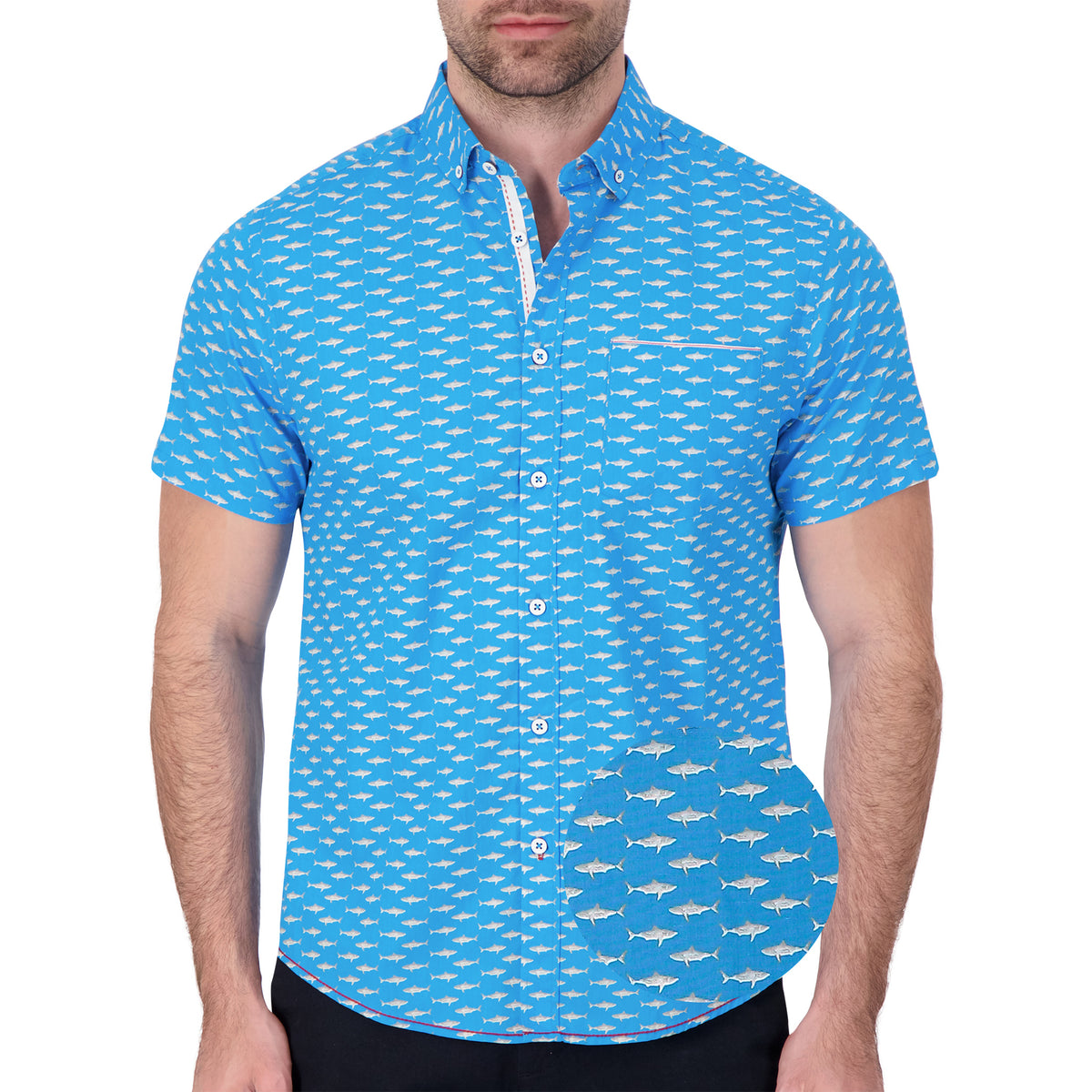 Model Front View of Short Sleeve Shirt with Shark Print in Blue with magnified view of material and print