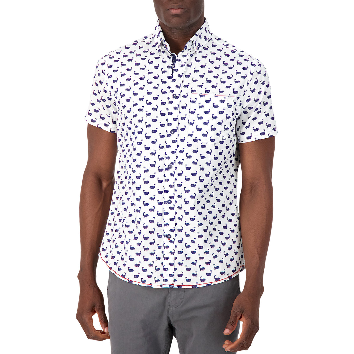 Model Front View of Short Sleeve Shirt with Whale Print in White