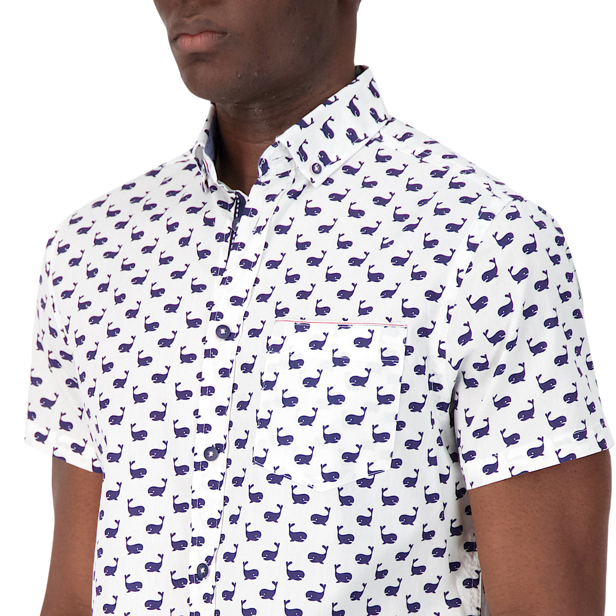 Model Front Close Up View of Short Sleeve Shirt with Whale Print in White