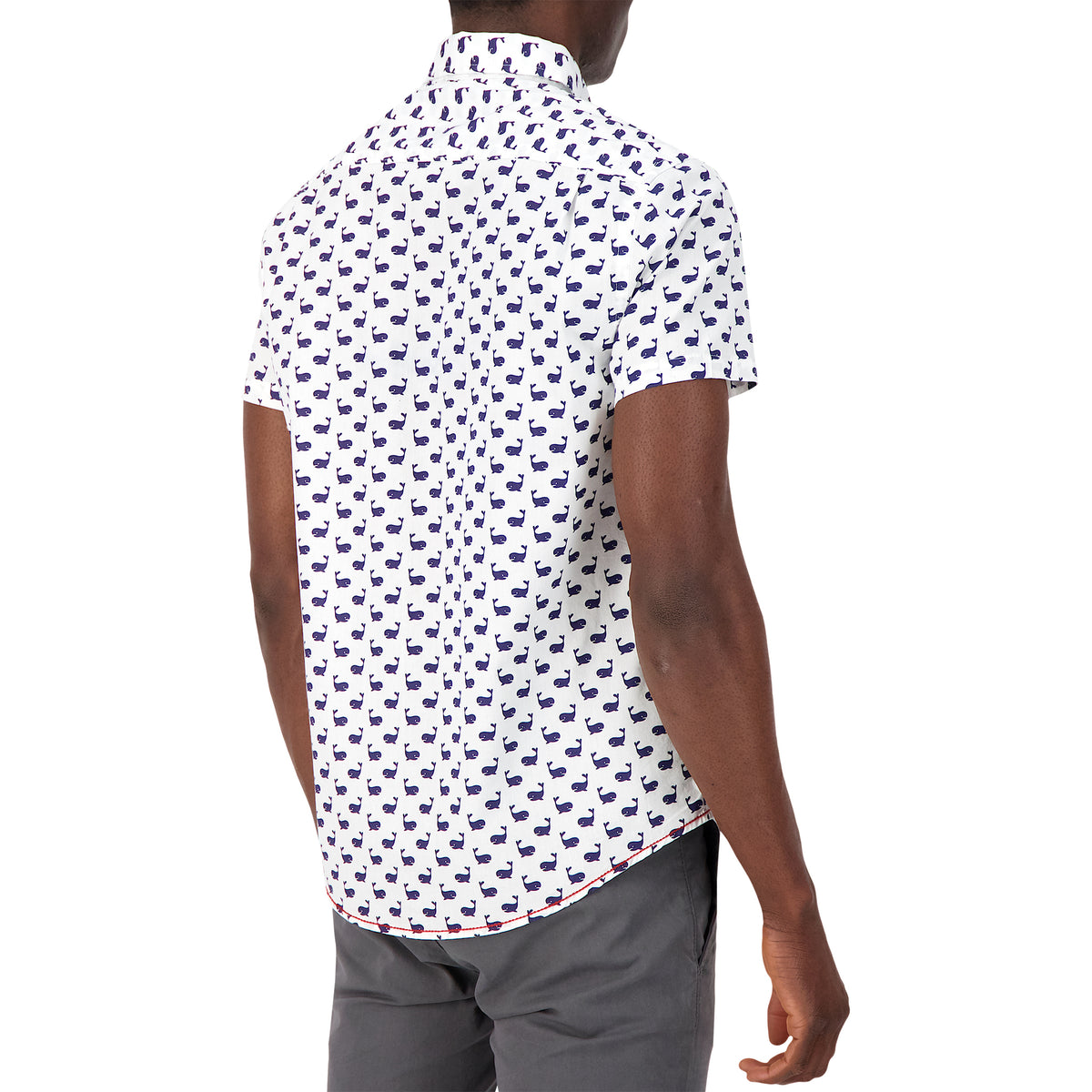 Model Back View of Short Sleeve Shirt with Whale Print in White