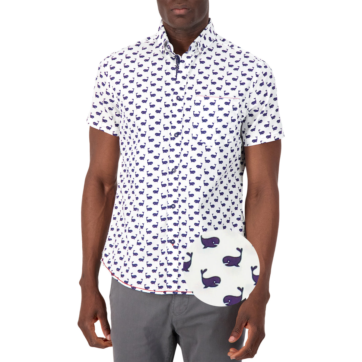 Model Front View of Short Sleeve Shirt with Whale Print in White with magnified view of material and print
