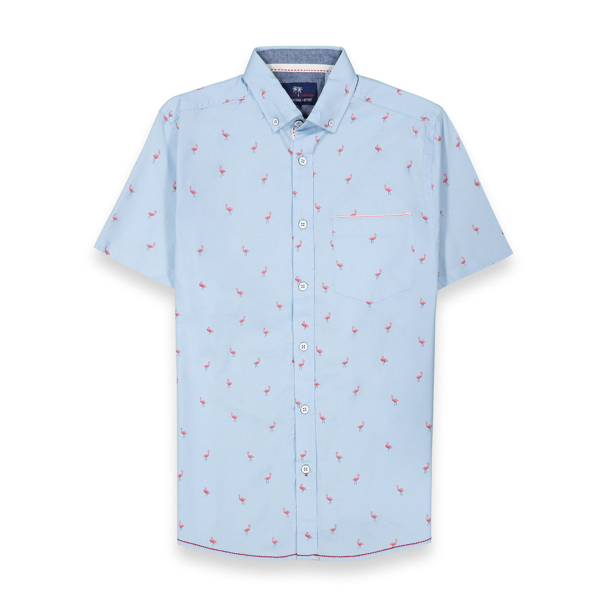 Front View of Short Sleeve Shirt with Flamingo Print in Blue