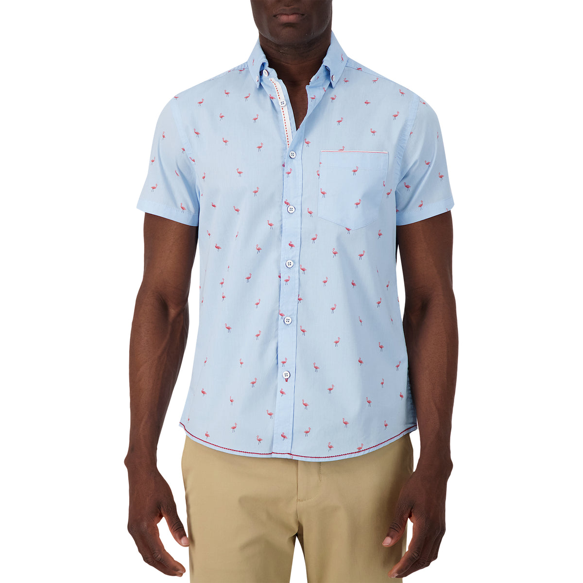 Model Front View of Short Sleeve Shirt with Flamingo Print in Blue