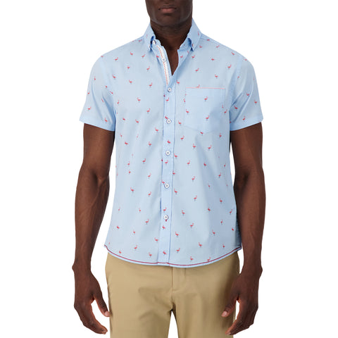 Model Front View of Short Sleeve Shirt with Flamingo Print in Blue