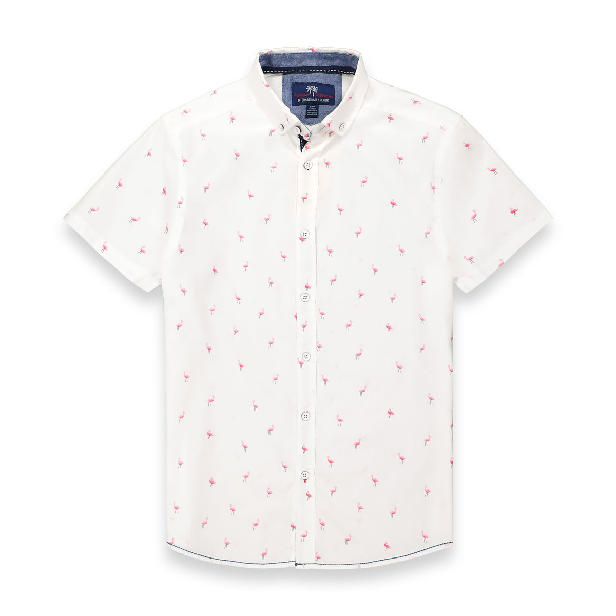 Front View of Short Sleeve Shirt with Flamingo Print in White