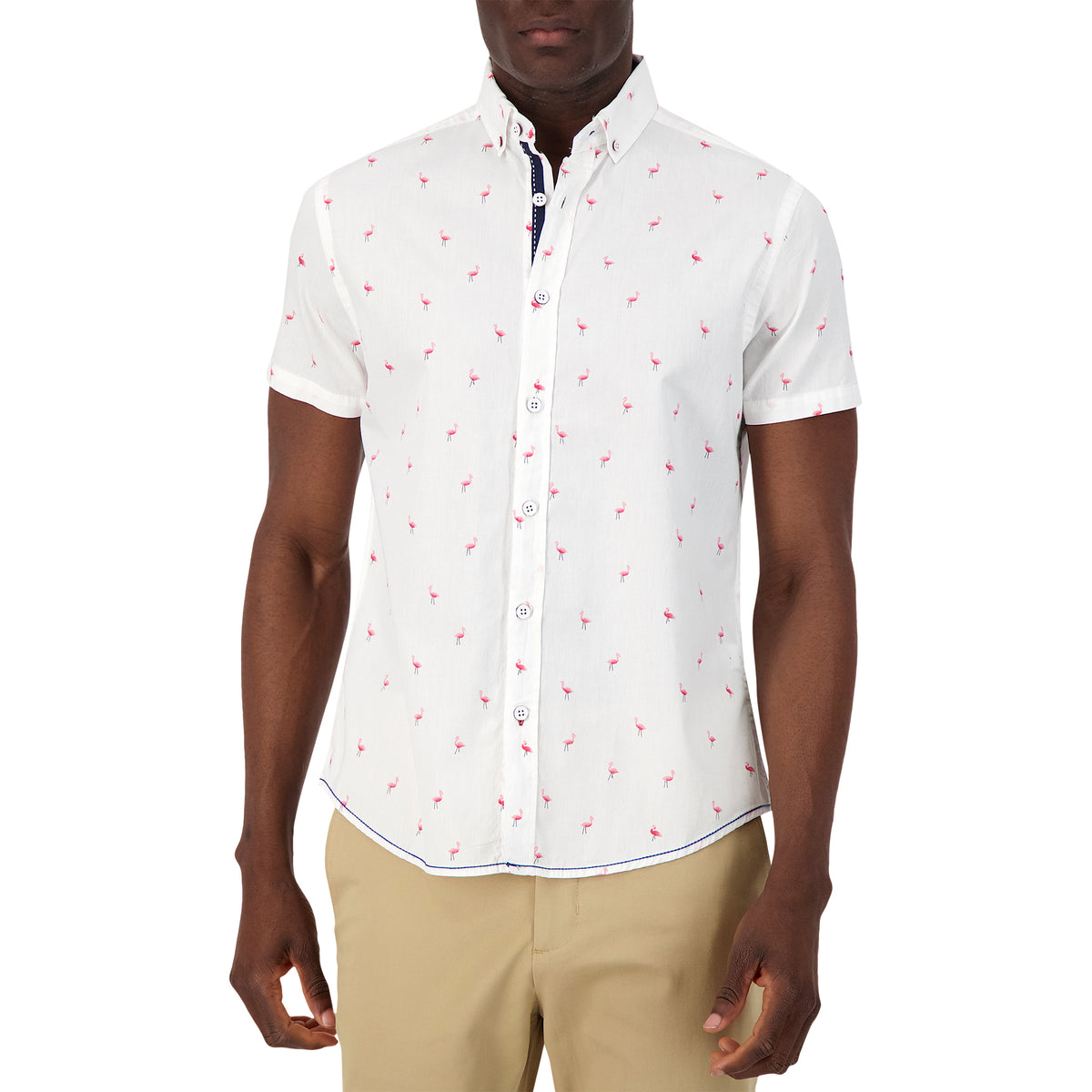 Model Front View of Short Sleeve Shirt with Flamingo Print in White