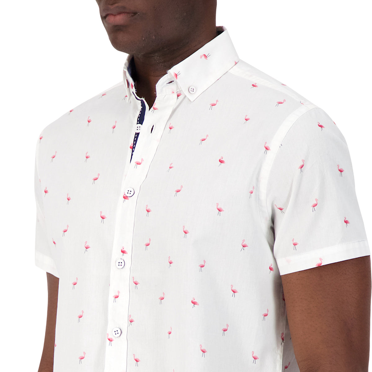 Model Front Close Up View of Short Sleeve Shirt with Flamingo Print in White