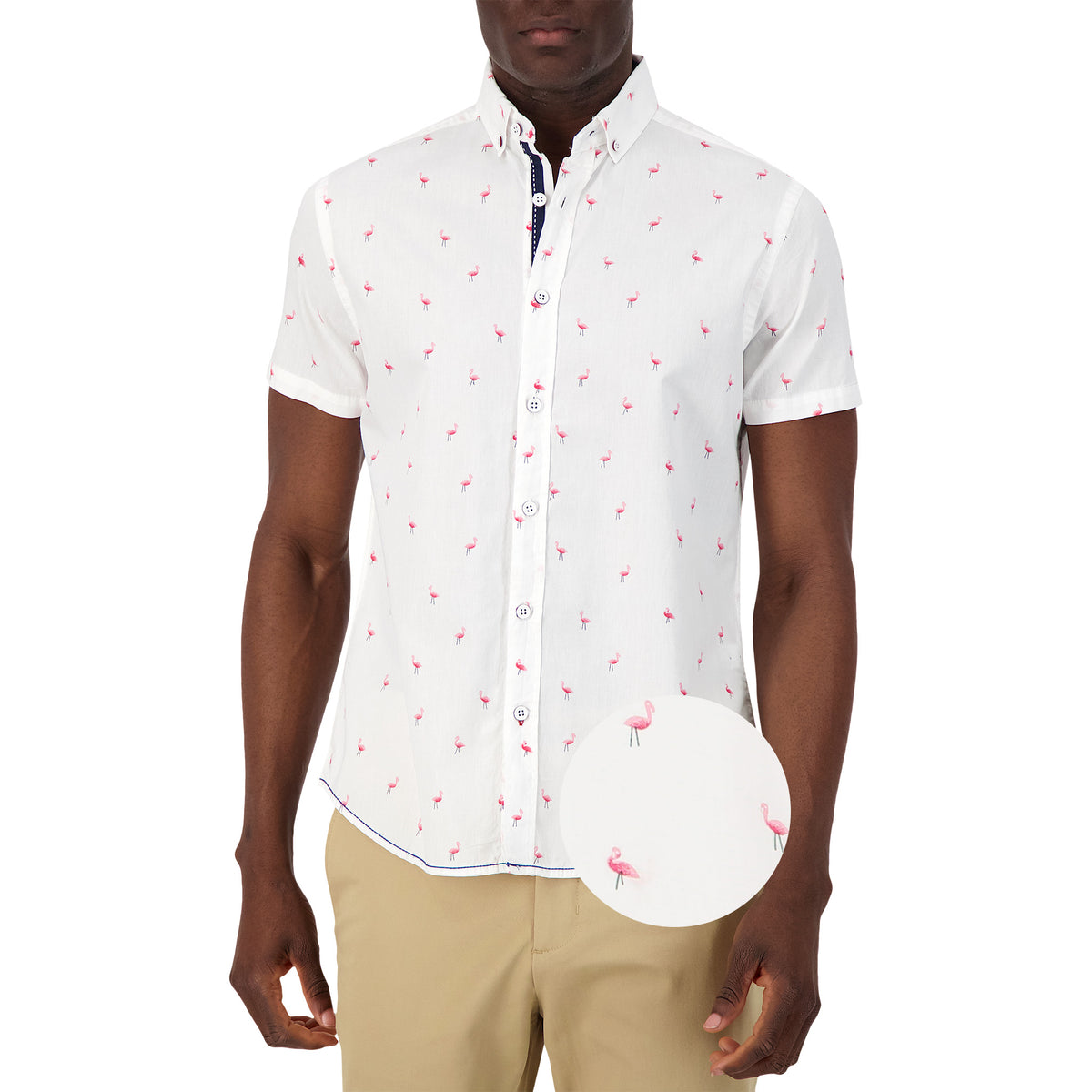 Model Front View of Short Sleeve Shirt with Flamingo Print in White with magnified view of material and print