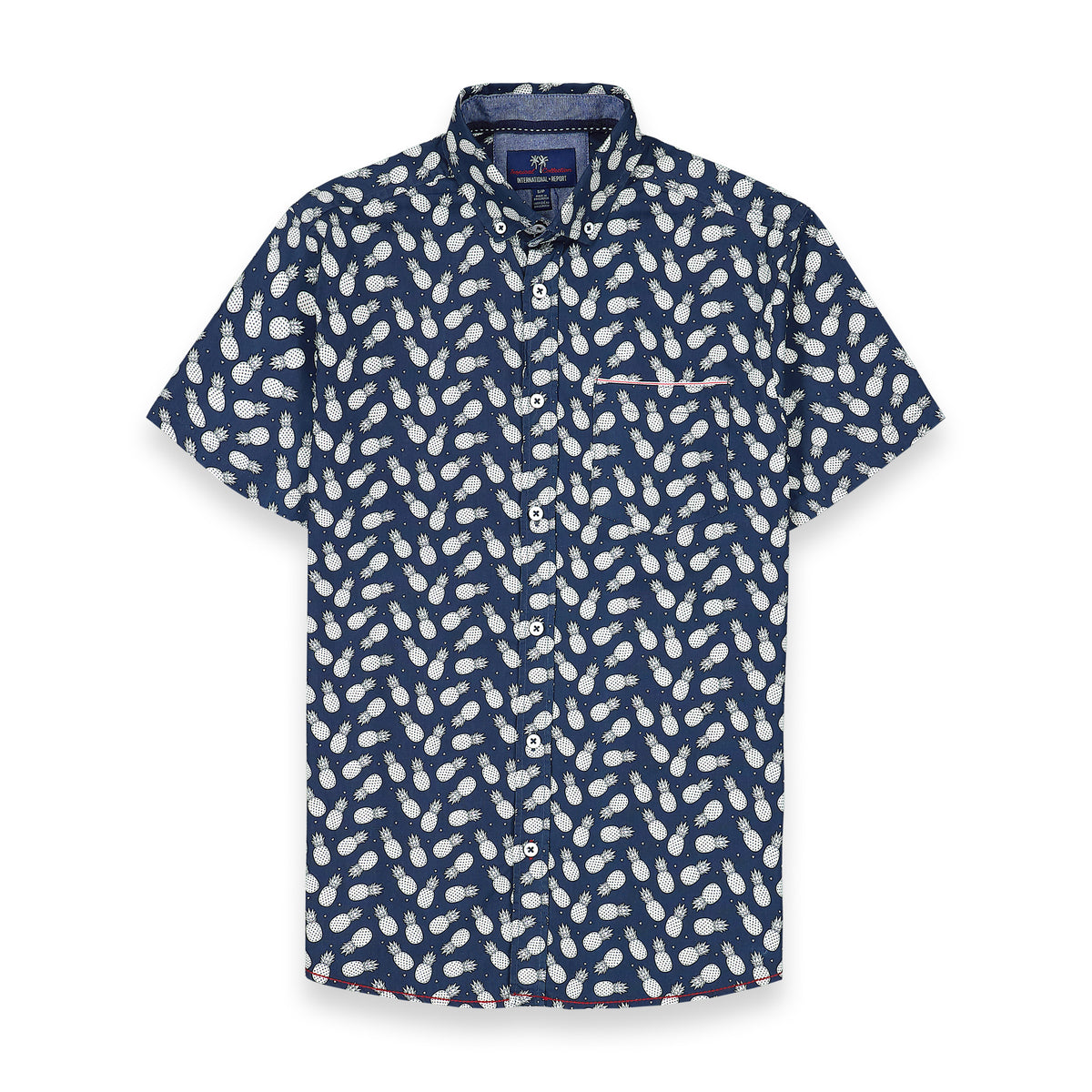 Front View of Short Sleeve Shirt with Pineapple Print in Navy