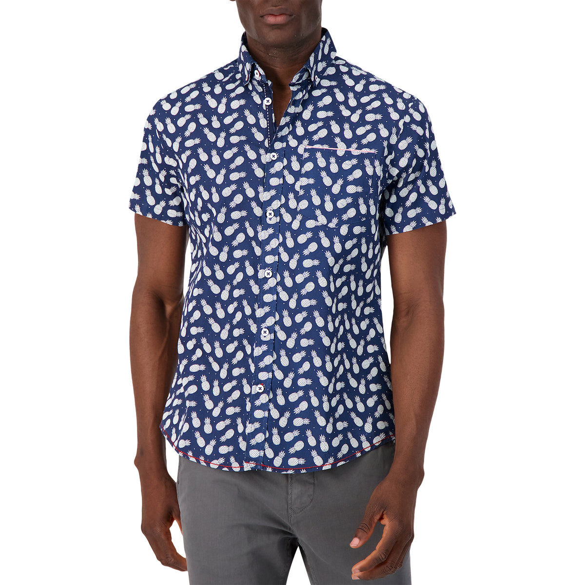 Model Front View of Short Sleeve Shirt with Pineapple Print in Navy