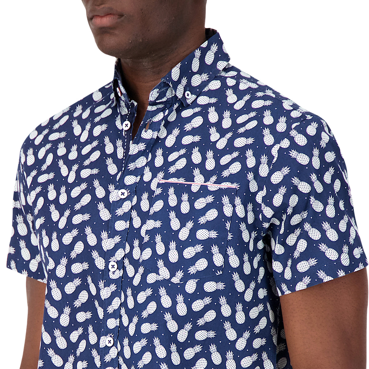 Model Front Close Up View of Short Sleeve Shirt with Pineapple Print in Navy